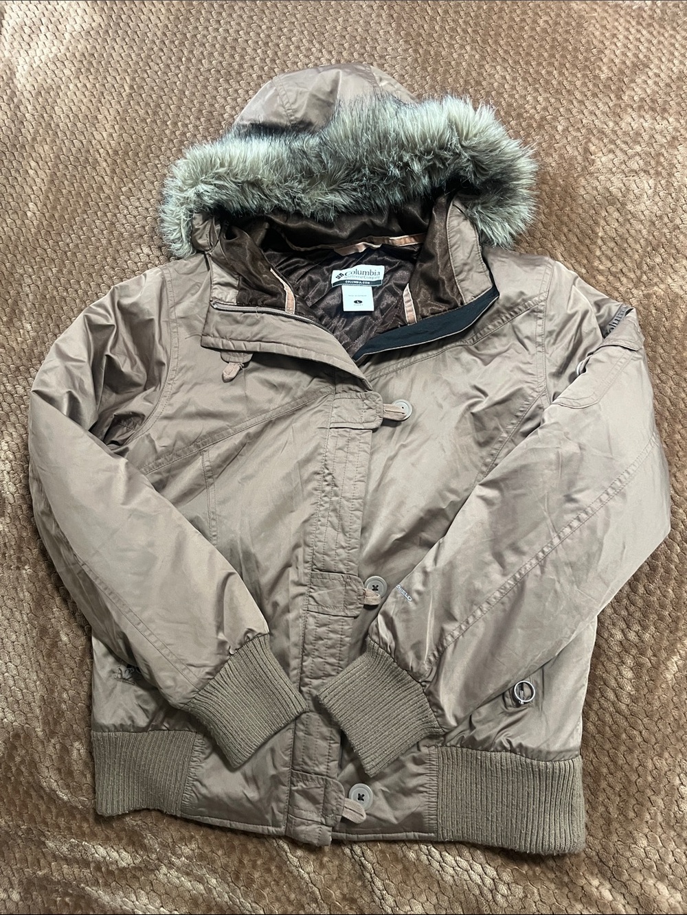 Columbia Women's Taupe Hooded Puffer Jacket with Faux Fur Trim